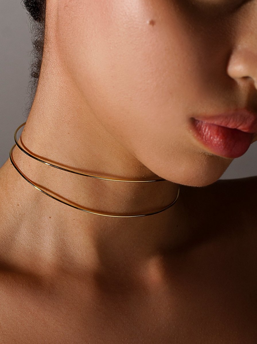 Choker rígido doble raíl de plata bañada en oro-LINEARGENT