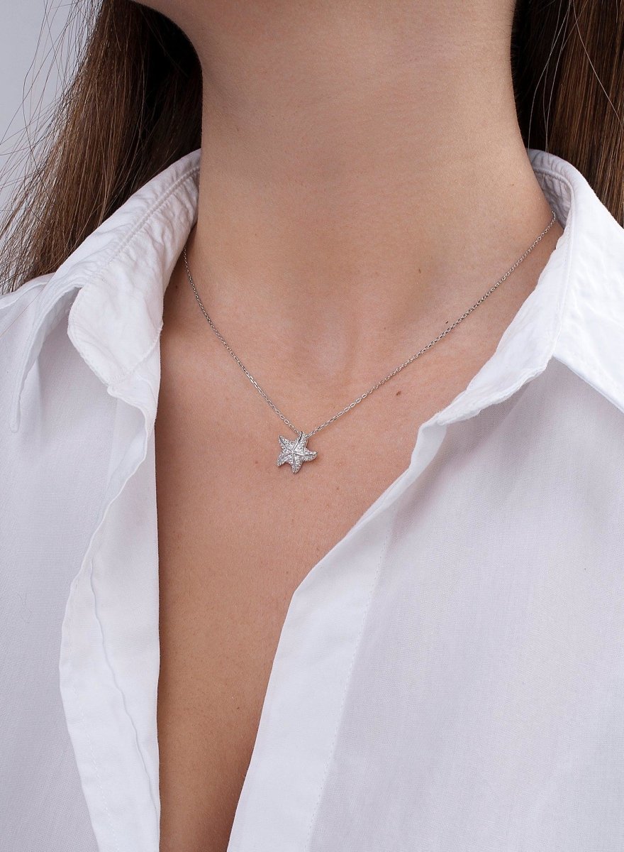 Colgante brillante de plata diseño de estrella de mar con circonitas-LINEARGENT