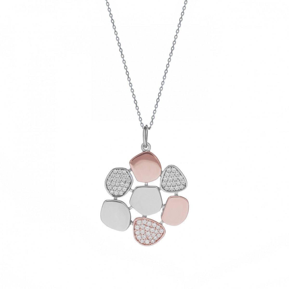 Colgantes bicolor de plata con motivo floral de plata lisa y circonita-LINEARGENT