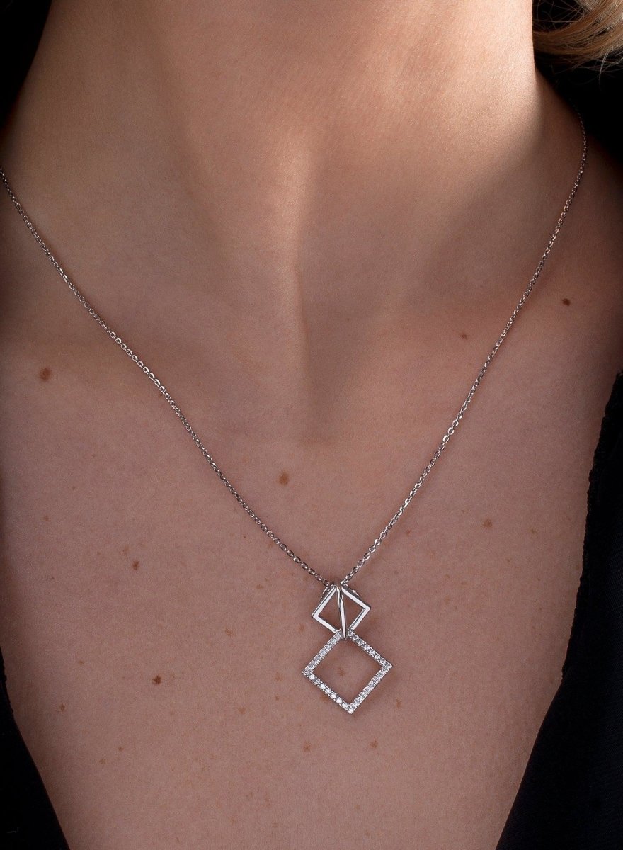 Colgantes pequeños de plata con doble motivo cuadrado y circonitas-LINEARGENT