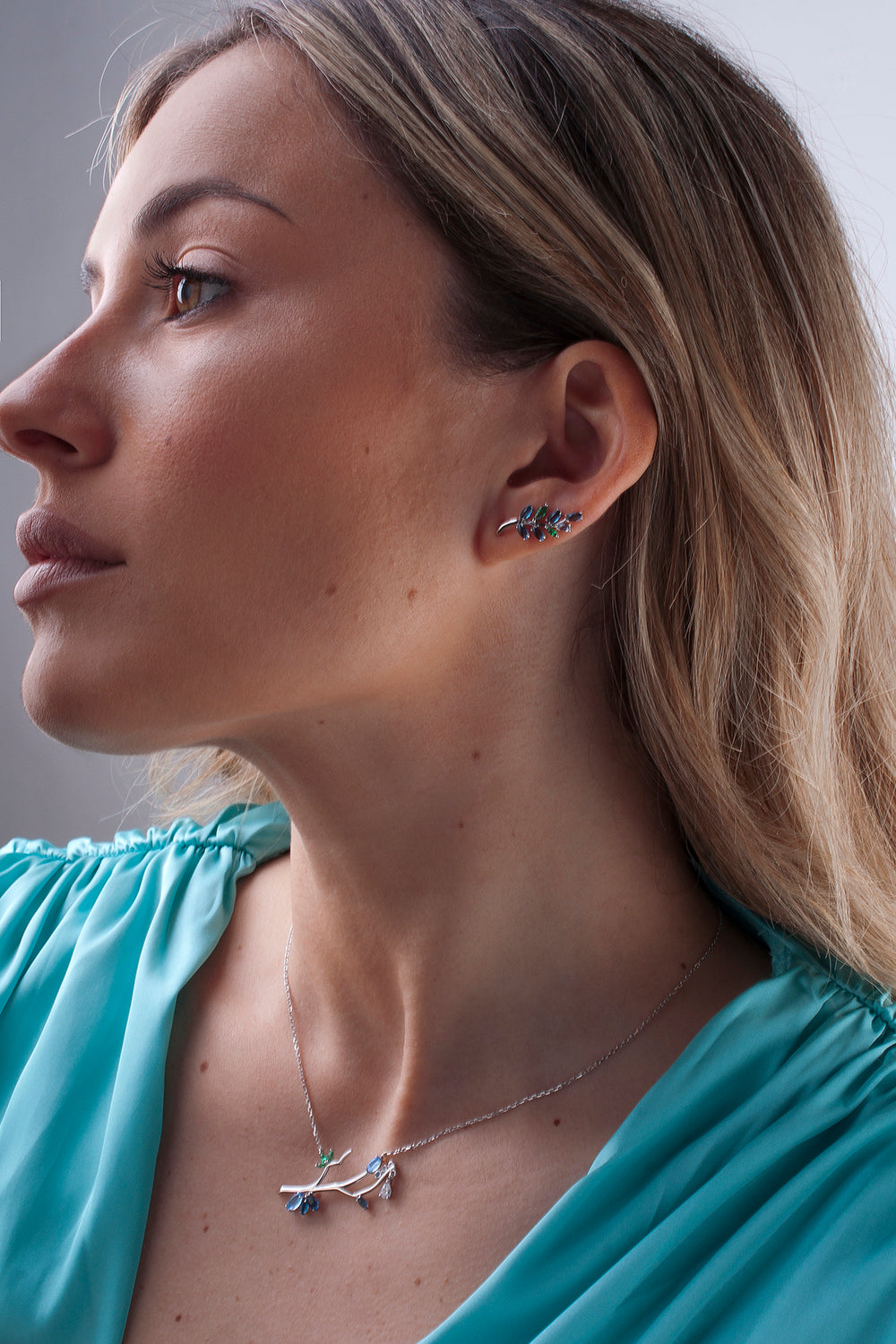 Silver pendants original design branch with gems