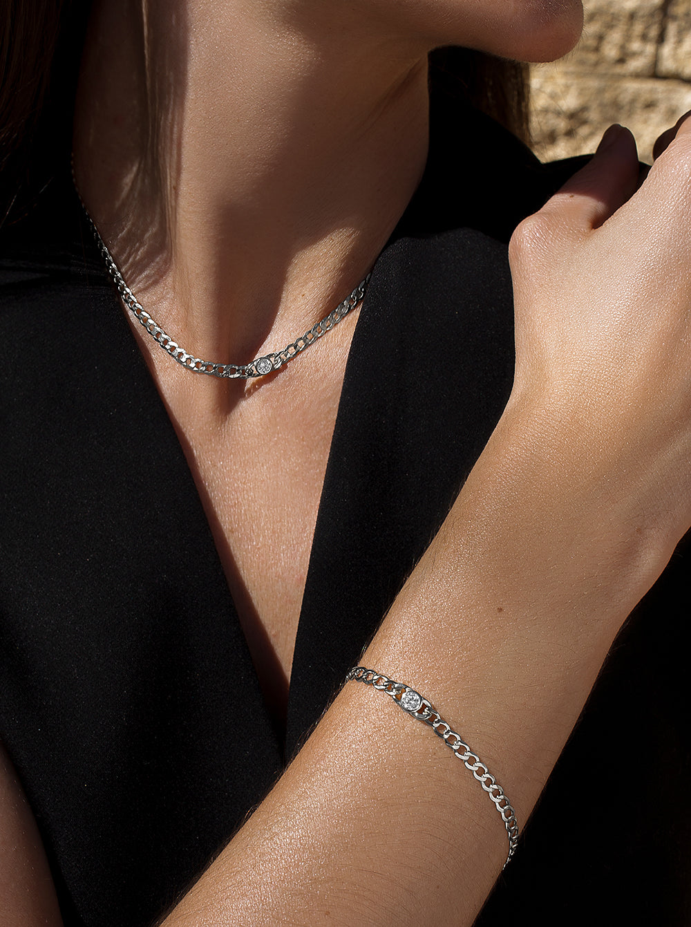 Collar cadena de plata diseño eslabones con circonita-LINEARGENT