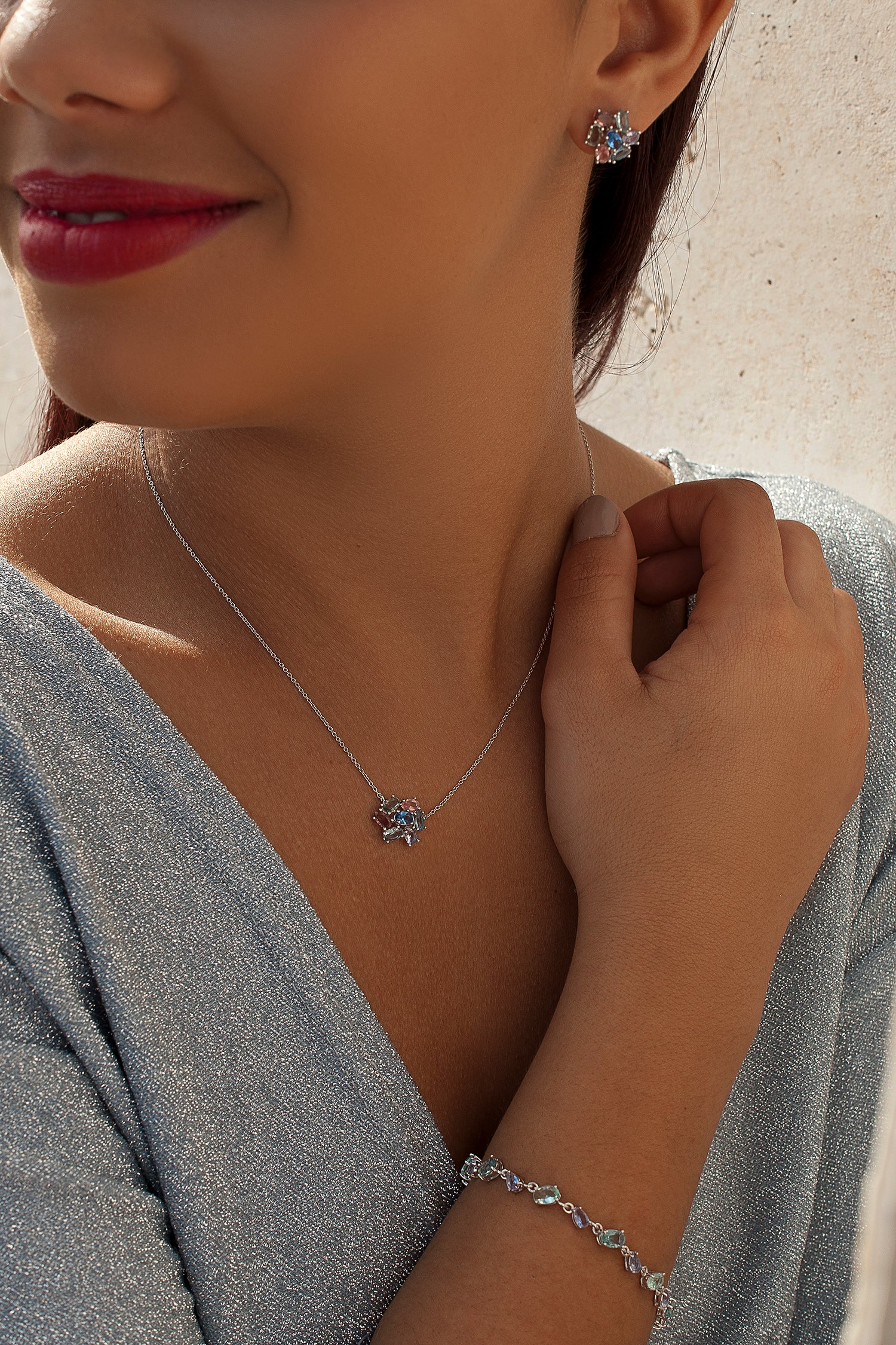 Collares con piedras mosaico de colores de talla oval-LINEARGENT