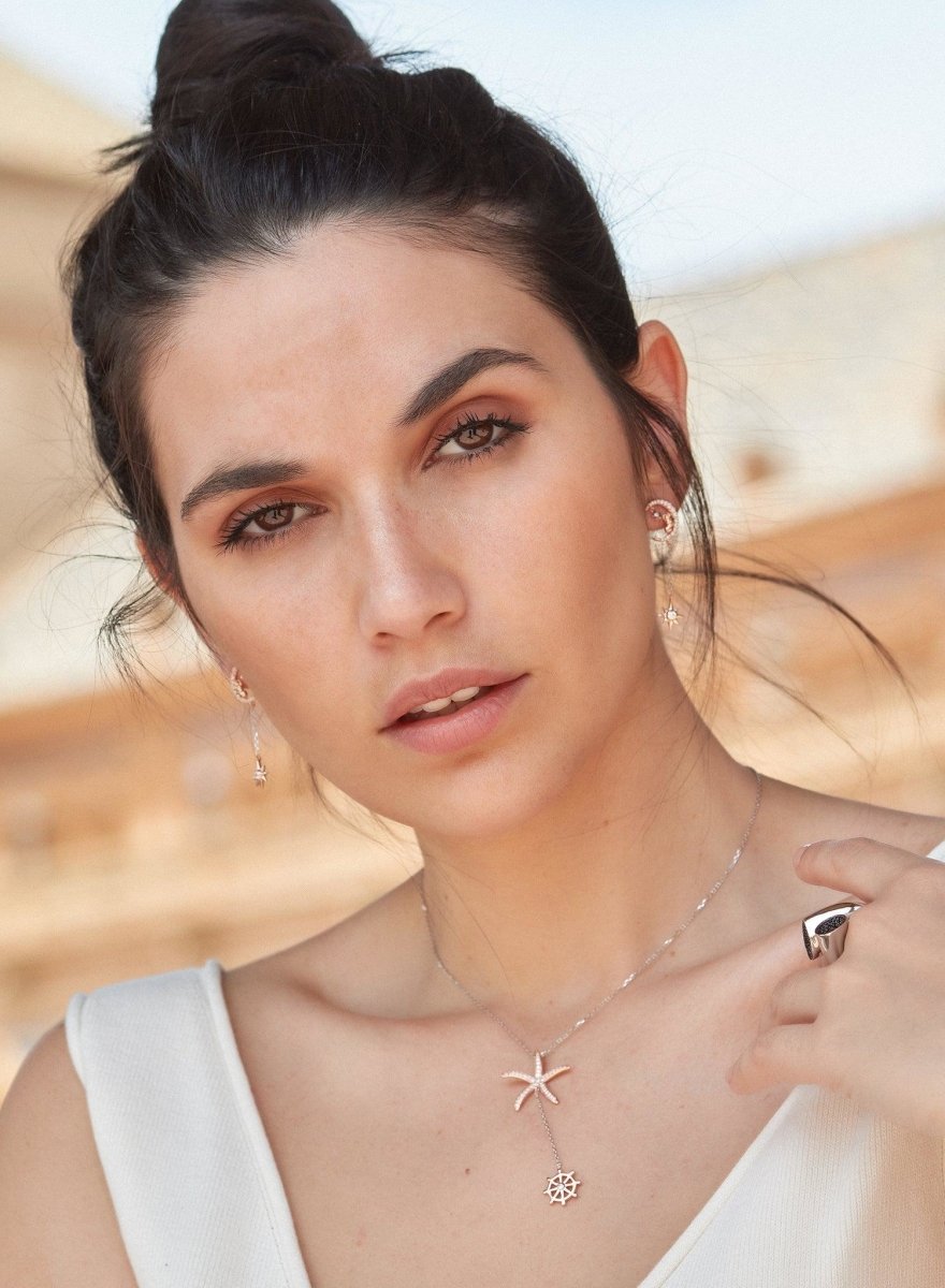 Collares largos diseño de doble charm bañados en oro rosa