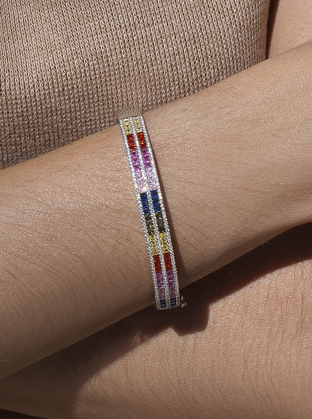 Esclava de plata diseño doble raíl multicolor-LINEARGENT