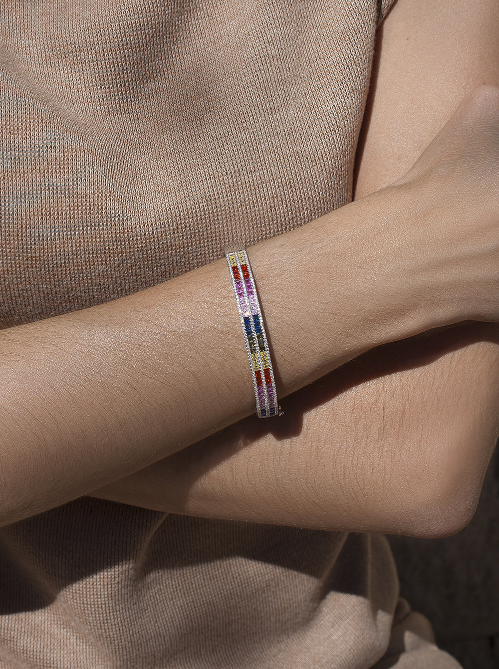 Esclava de plata diseño doble raíl multicolor-LINEARGENT