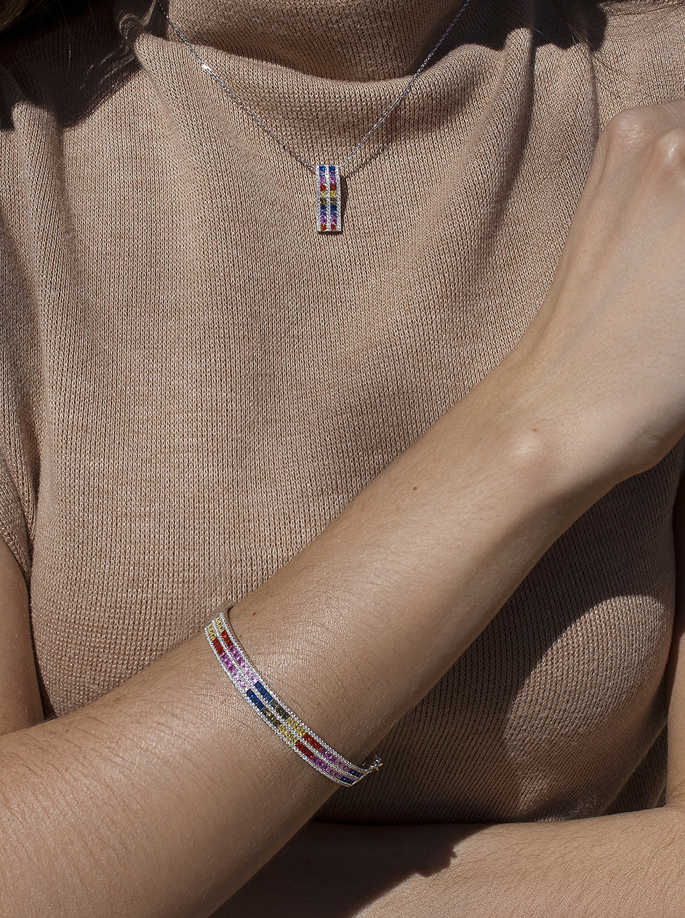 Esclava de plata diseño doble raíl multicolor-LINEARGENT