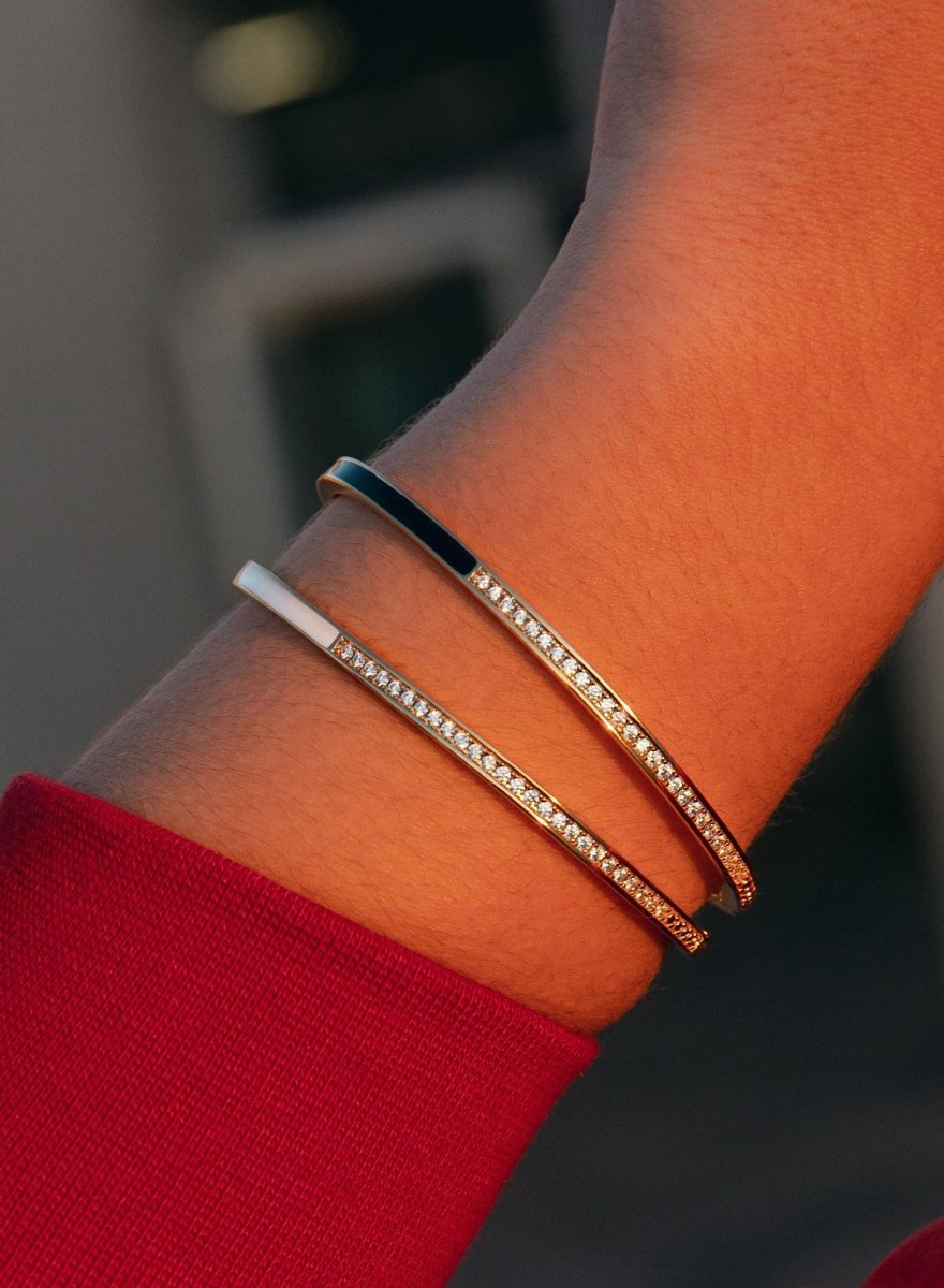 Esclavas de plata diseño fino esmalte blanco y circonitas-LINEARGENT