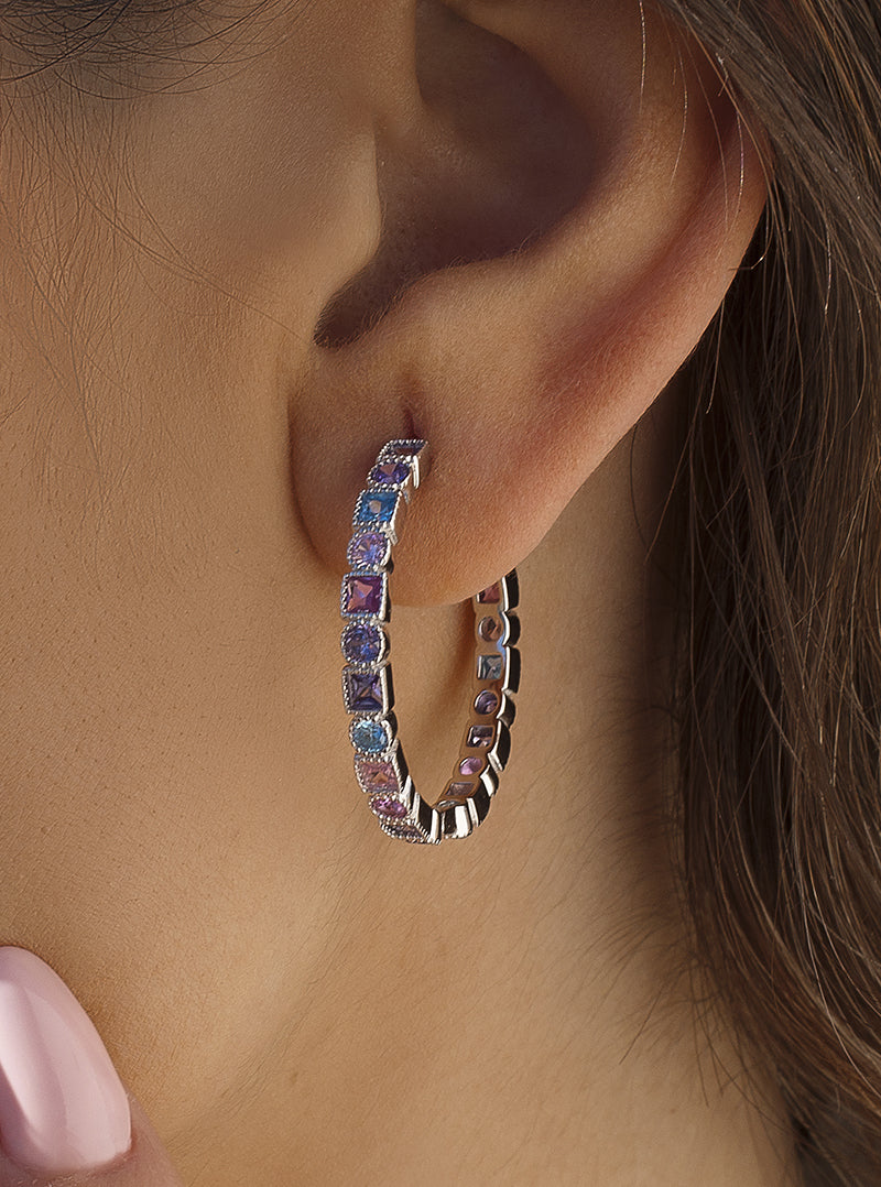 Pendientes aro con piedras diseño geométrico multicolor-LINEARGENT