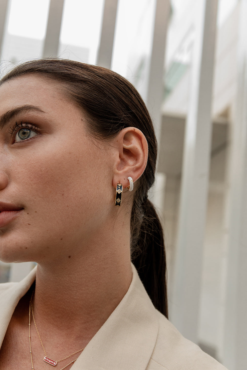 Pendientes aro de plata diseño ancho esmalte negro-LINEARGENT