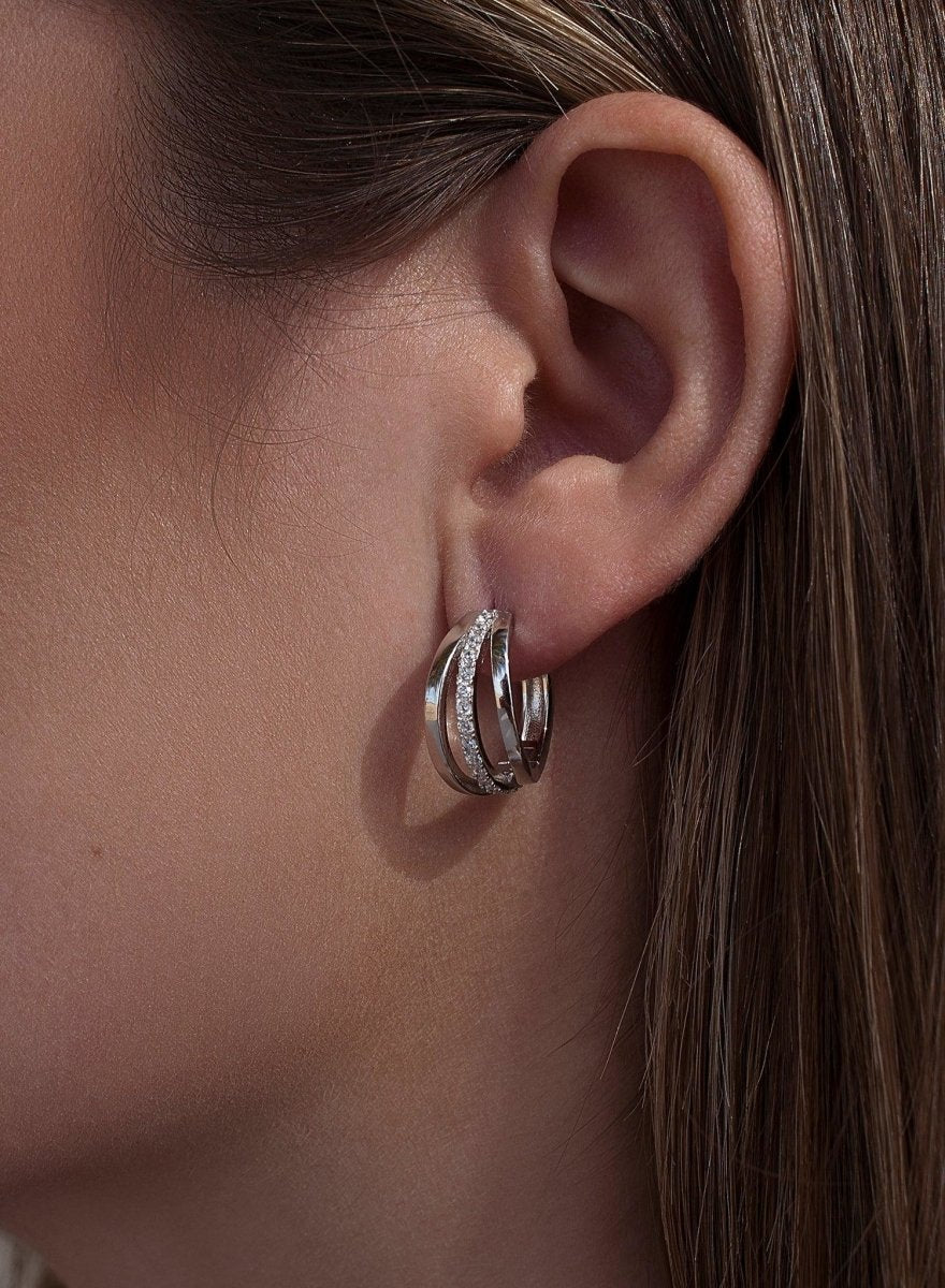 Pendientes aro de plata diseño triple con circonitas