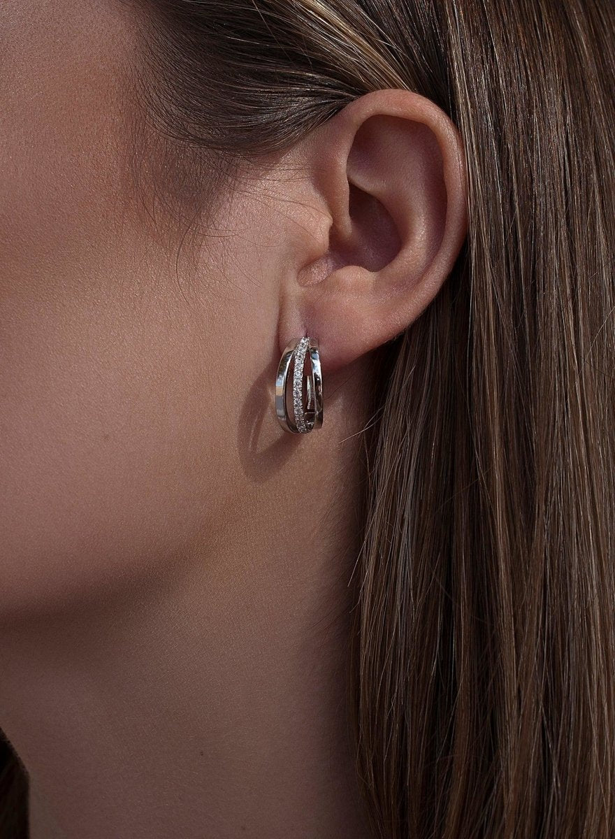 Pendientes aro de plata diseño triple con circonitas