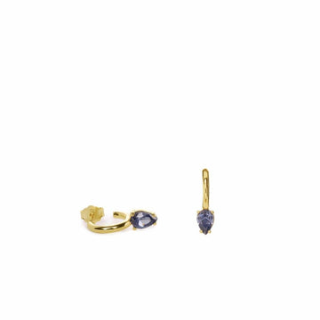 Pendientes aro de plata pequeños bañados en oro diseño cuarzo adamantino perilla azul