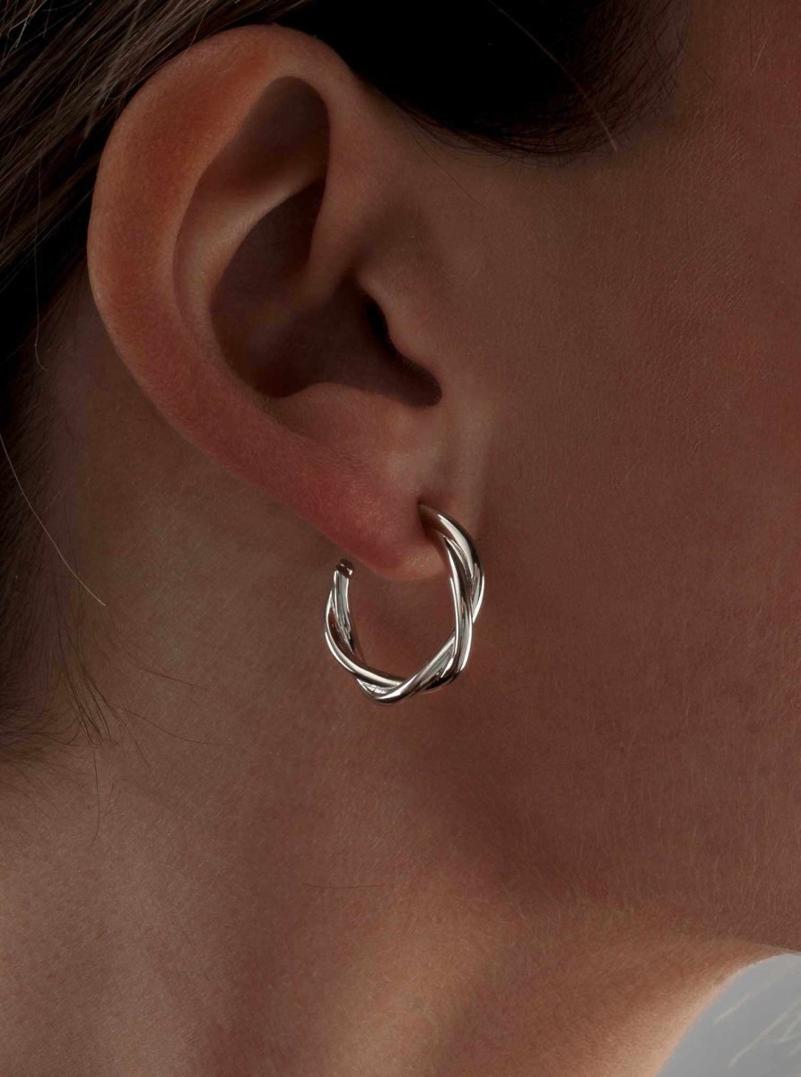 Pendientes aro de plata pequeños raíles enredados-LINEARGENT