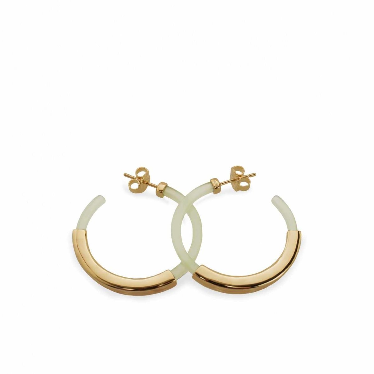 Pendientes aro diseño resina tono verde y banda de plata lisa central-LINEARGENT