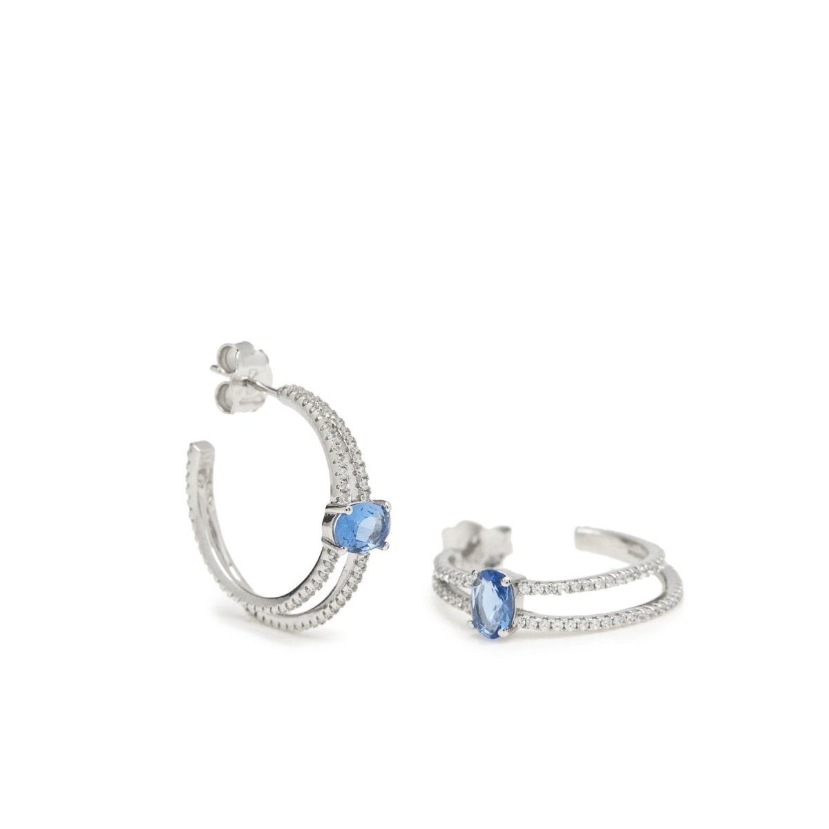 Boucles d'oreilles créole  àmotif central de quartz adamantine bleu et zircons-LINEARGENT
