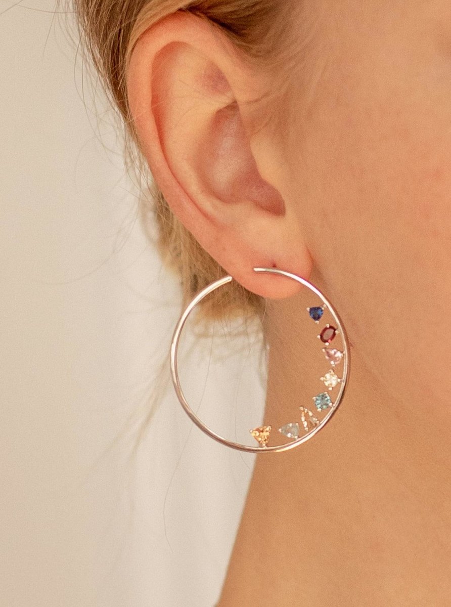 Pendientes aro originales con gemas disposición diagonal multicolor-LINEARGENT