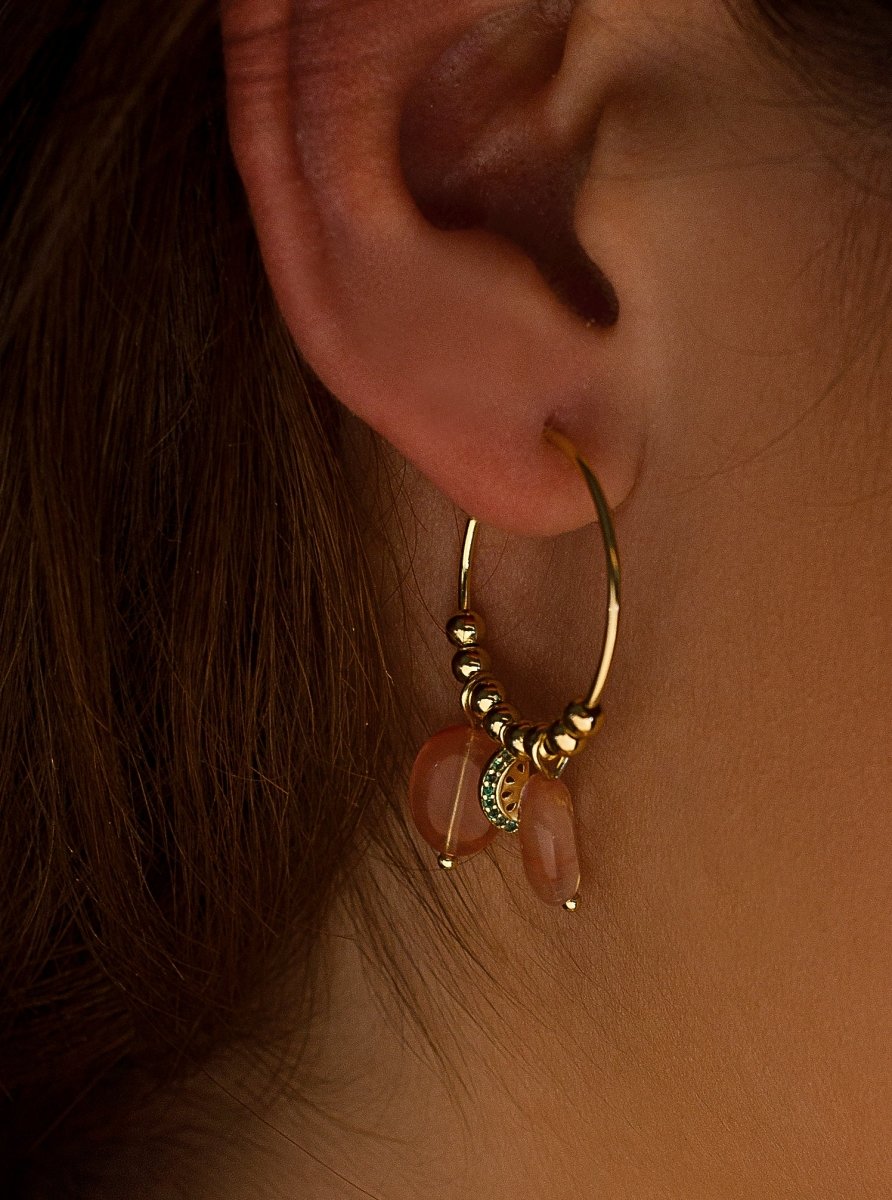 Pendientes aros con colgantes charms de sandía y cuarzo rosa