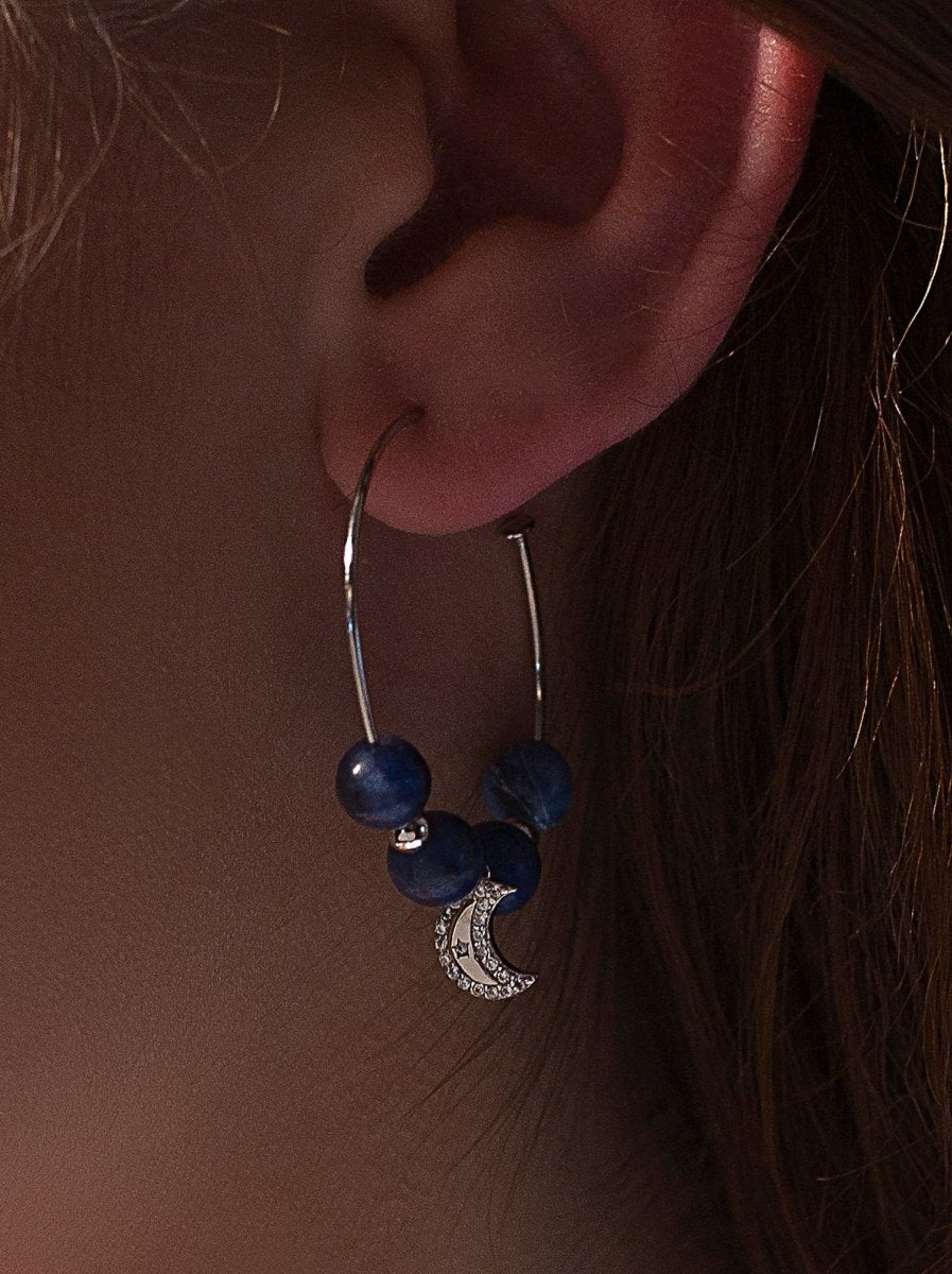 Pendientes aros con colgantes diseño charm de luna y sodalita-LINEARGENT
