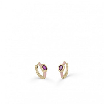 Pendientes aros pequeños diseño cuarzo adamantino central y esmalte rosa