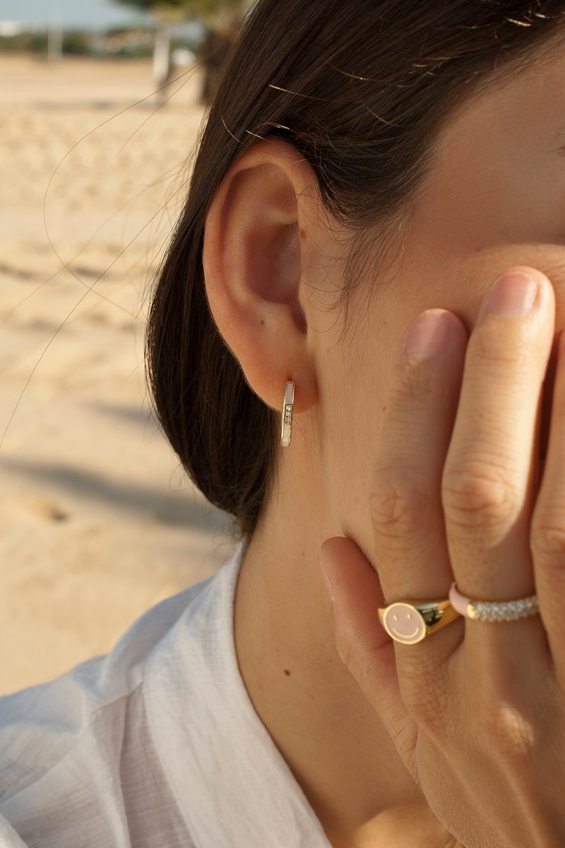 earrings hoops small design pink varnish and White with zirconias
