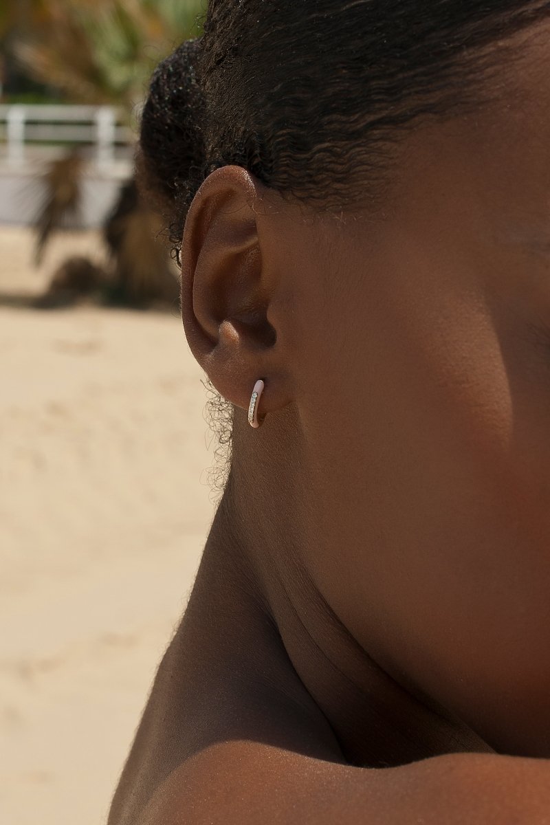 earrings hoops small pink varnish and line of central zirconias