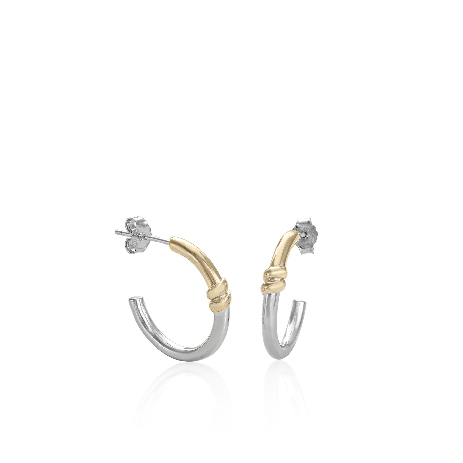 Pendientes bicolor de plata estilo aro con nudo central
