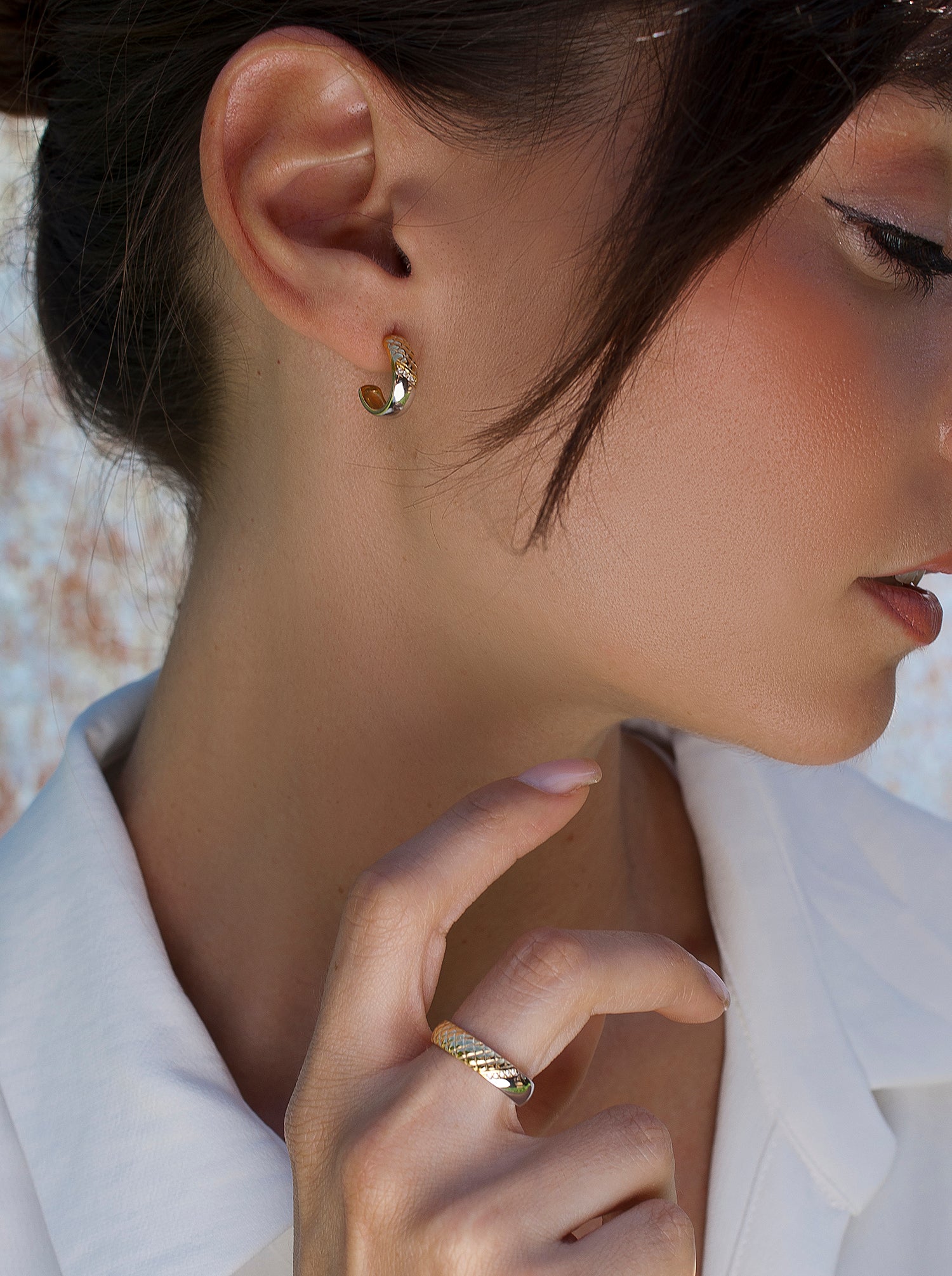 Pendientes bicolor de plata estilo aro con tira de circonitas