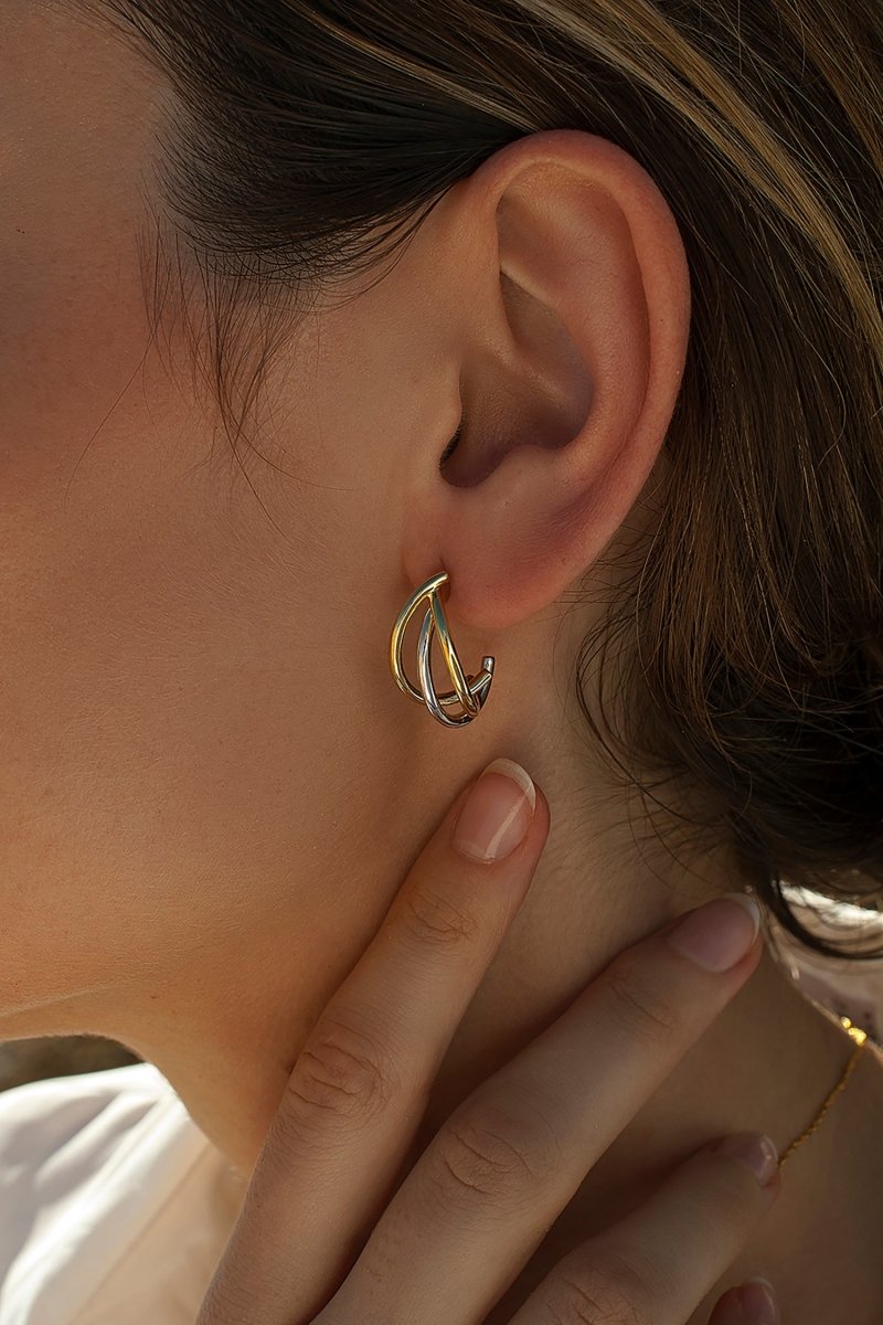 Pendientes bicolor de plata originales diseño ovalado triple raíl y baño en oro-LINEARGENT