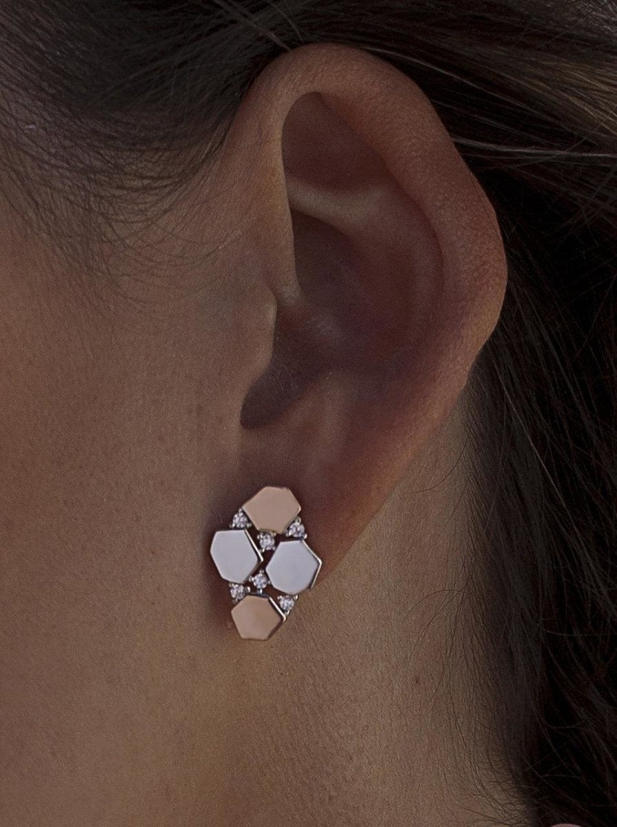 Pendientes bicolor diseño abstracto con circonitas-LINEARGENT