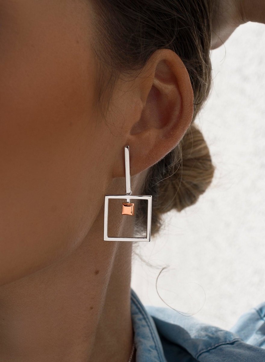 earrings two tone design smooth silver square and gold Pink