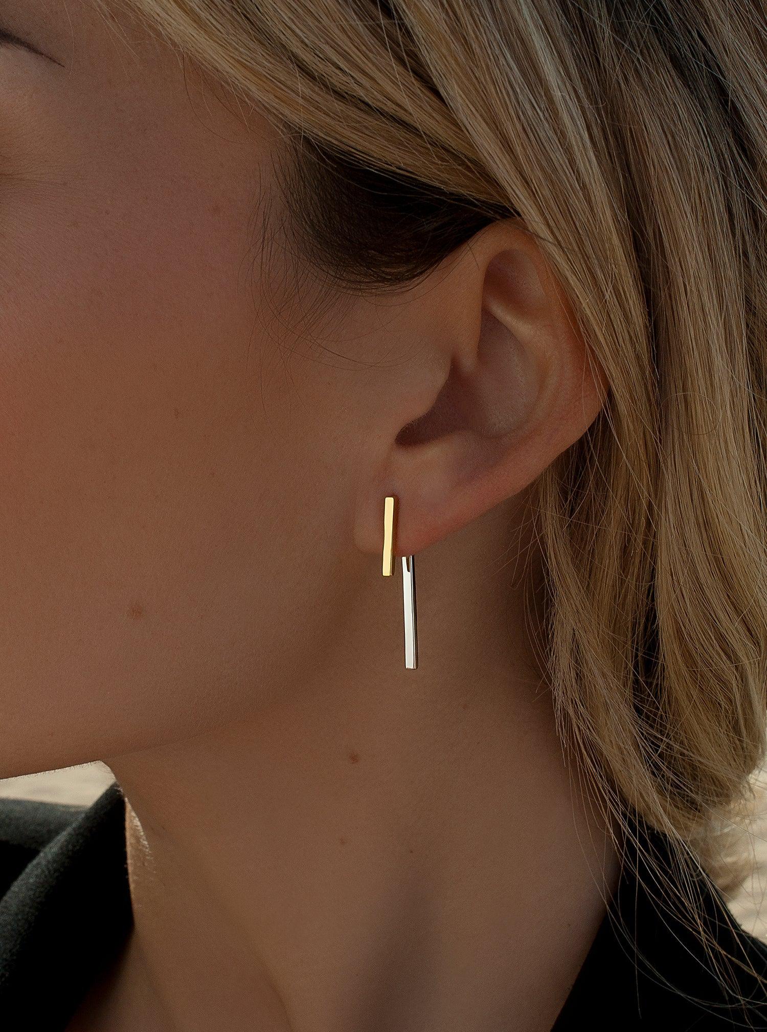 earrings two tone design double piece in smooth silver and gold