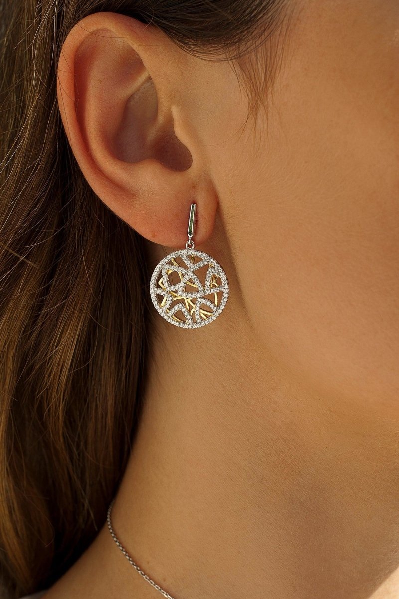 Pendientes bicolor diseño geométrico con circonitas-LINEARGENT