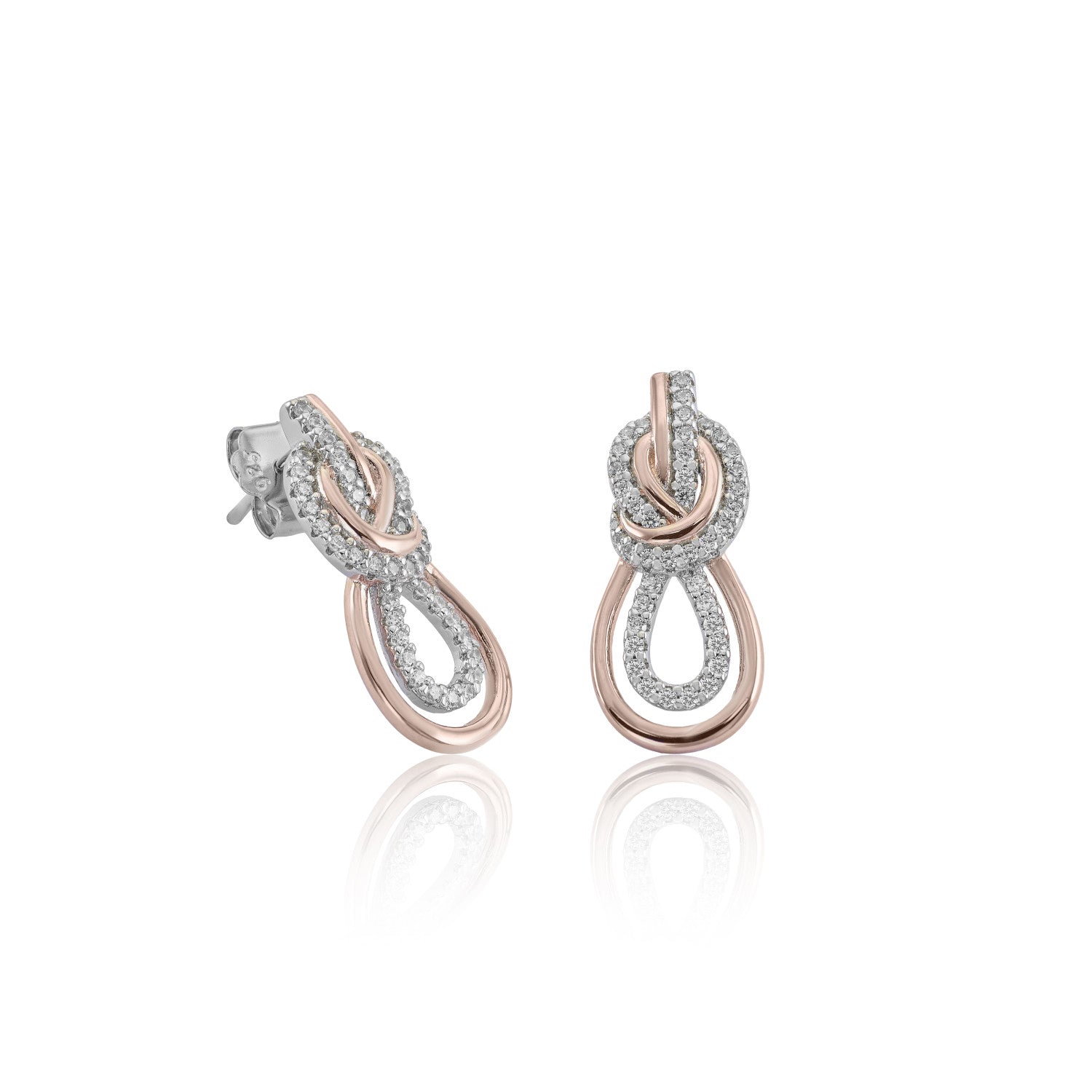 Pendientes bicolor en rosa y circonitas blancas en diseño entrelazado-LINEARGENT