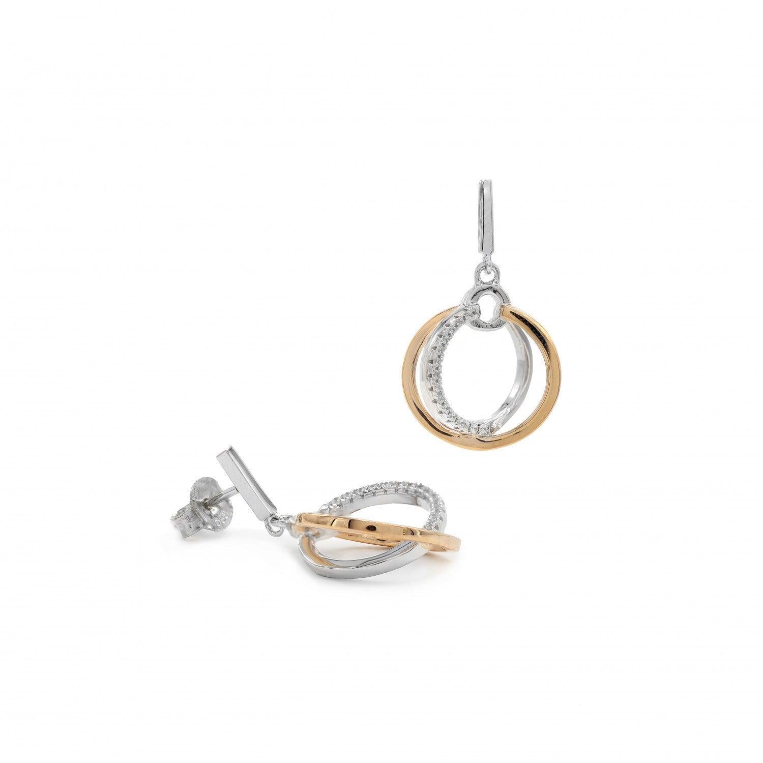 Pendientes bicolor plata y circonitas colgantes con doble aro-LINEARGENT