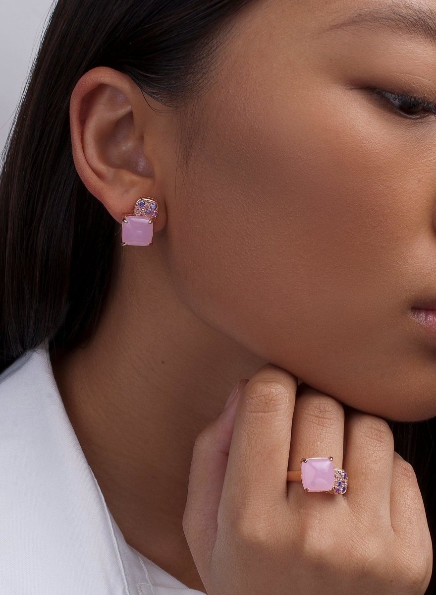 Pendientes botón diseño cuarzo adamantino rosa cuadrado-LINEARGENT
