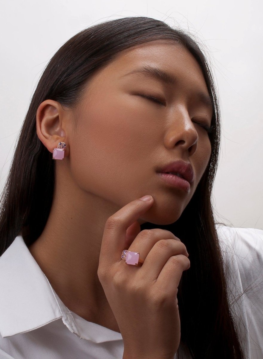 Pendientes botón diseño cuarzo adamantino rosa cuadrado-LINEARGENT