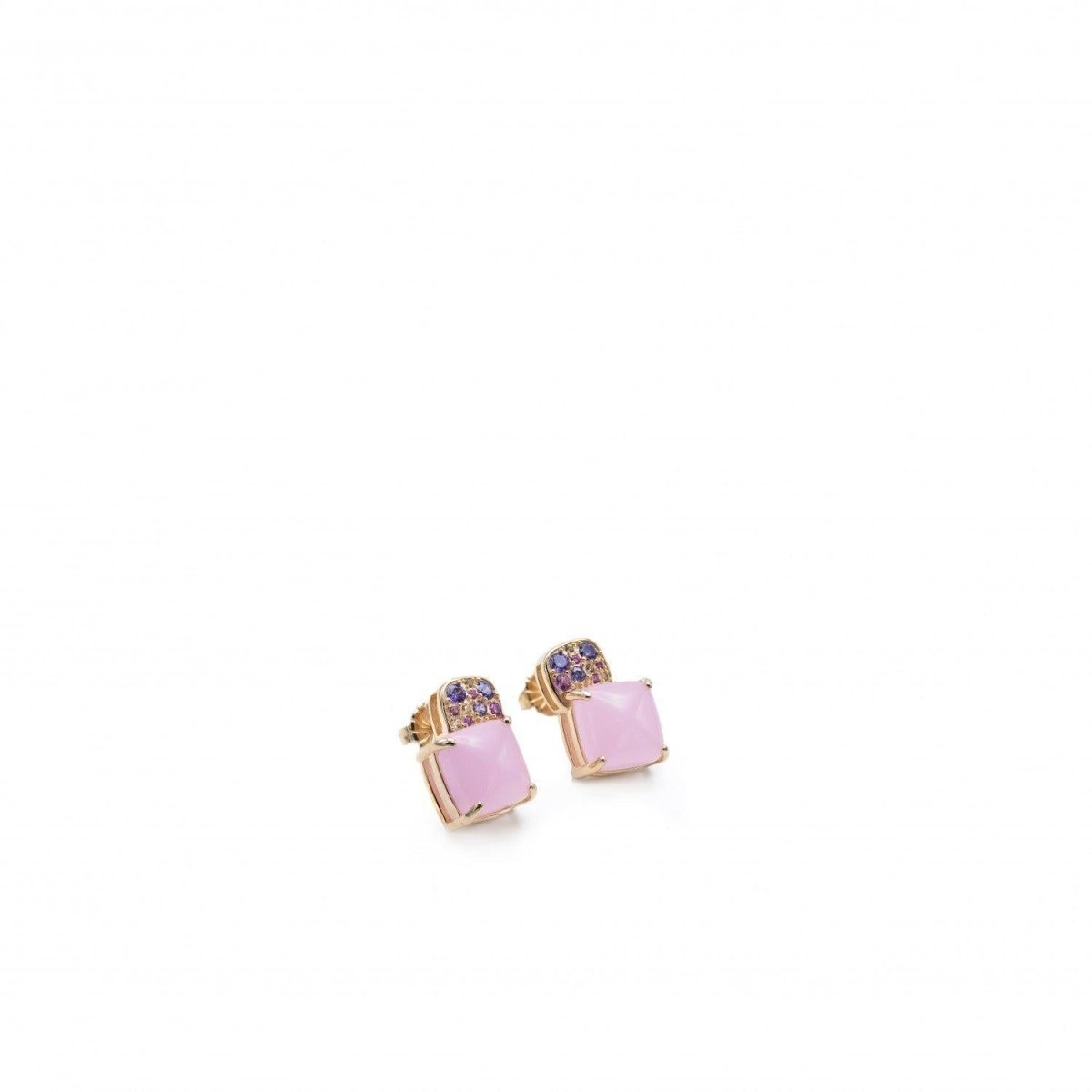Pendientes botón diseño cuarzo adamantino rosa cuadrado-LINEARGENT