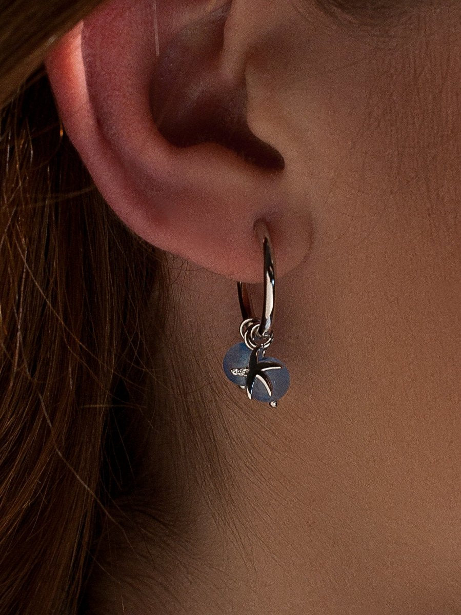 Pendientes con colgantes de plata charm de estrella de mar y turquesa-LINEARGENT