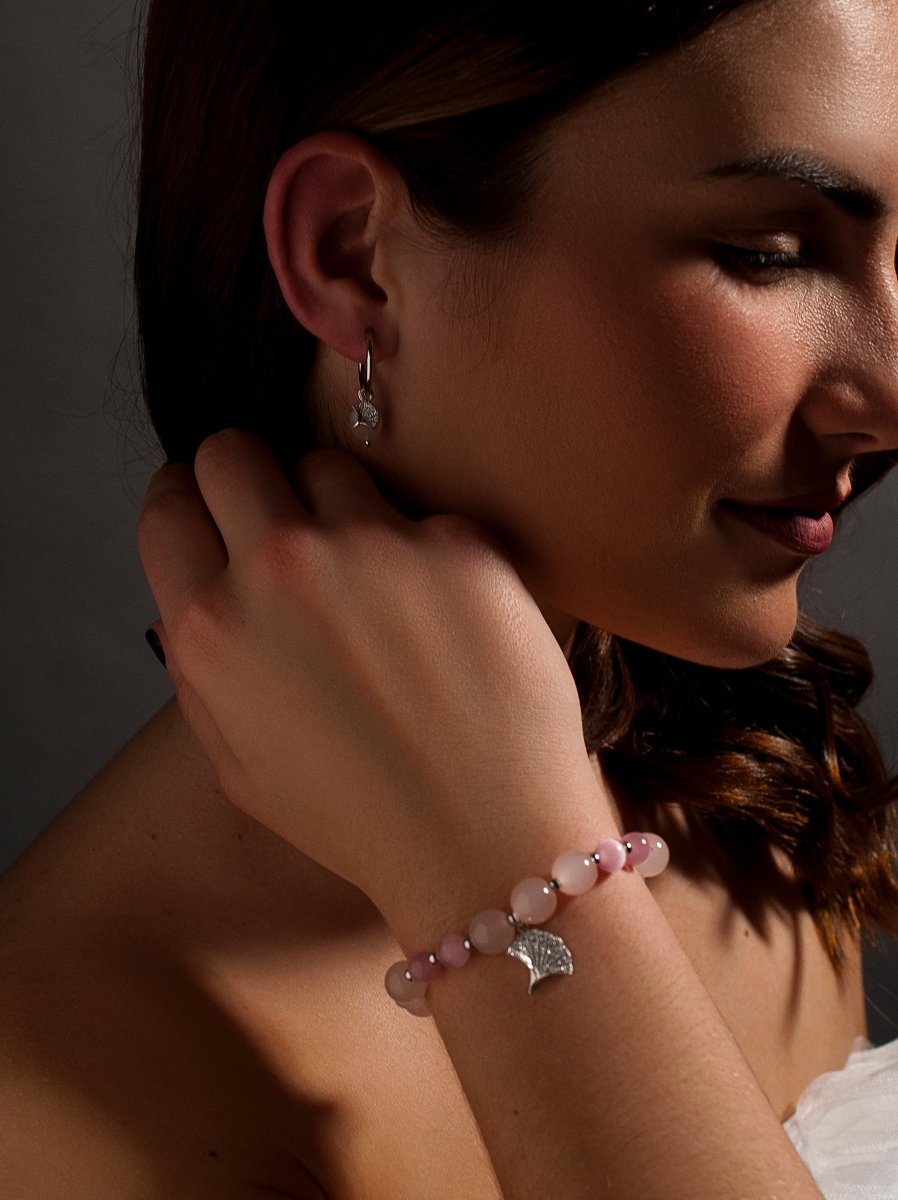 Boucles d'oreilles avec pendentifs argent  de breloque fleur ouverte et  quartz quartz rose