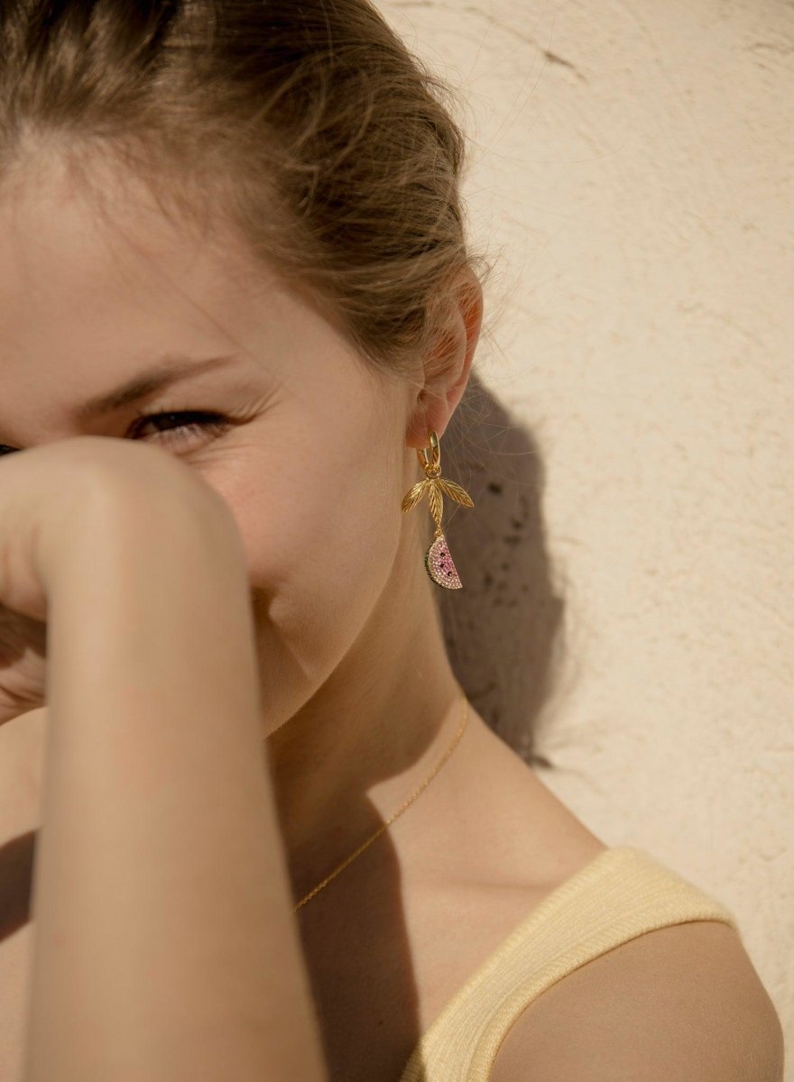 Boucles d'oreilles avec pendentifs design breloque melon d'eau et feuilles