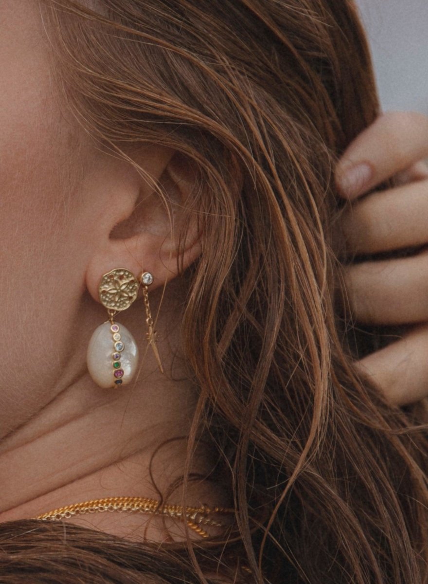 Pendientes con colgantes diseño de perla y raíl de circonitas-LINEARGENT