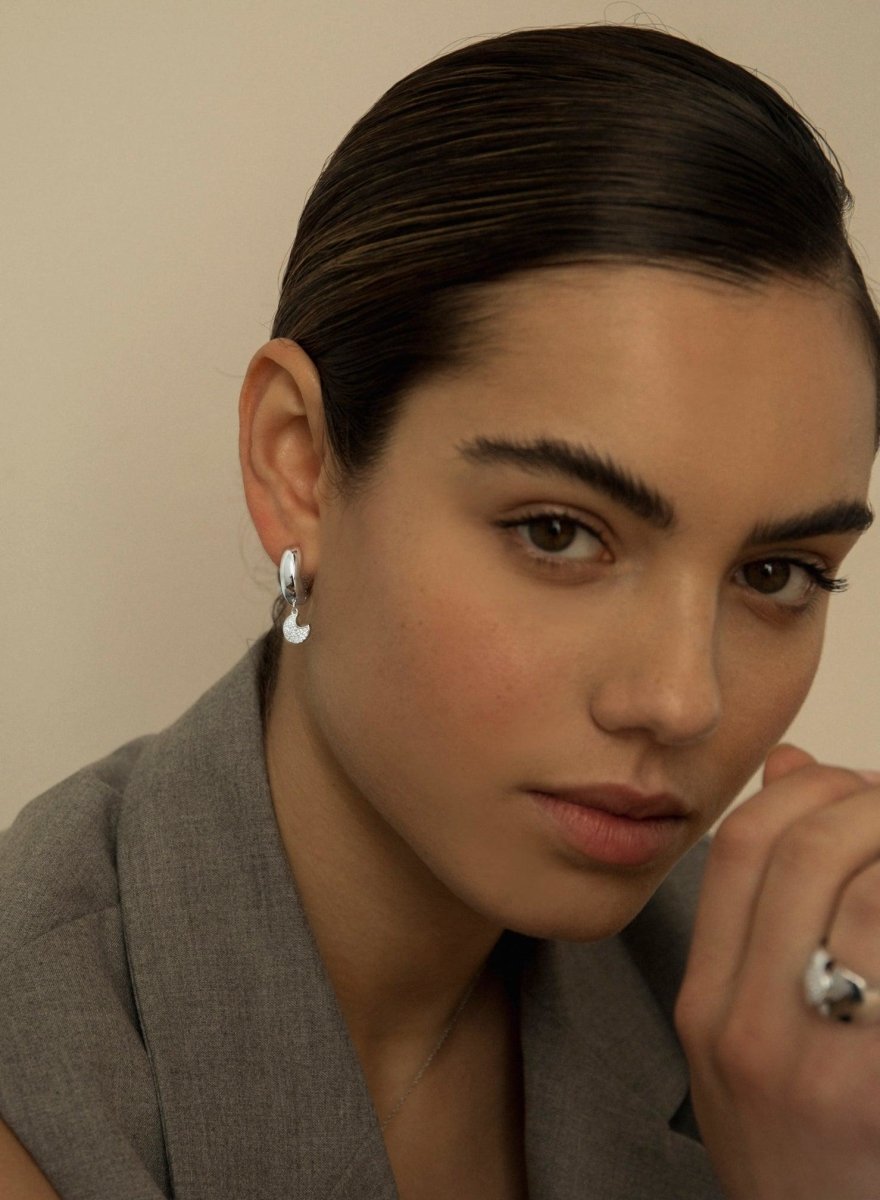 Pendientes con colgantes plata estilo aro móviles con motivo de luna y circonita-LINEARGENT