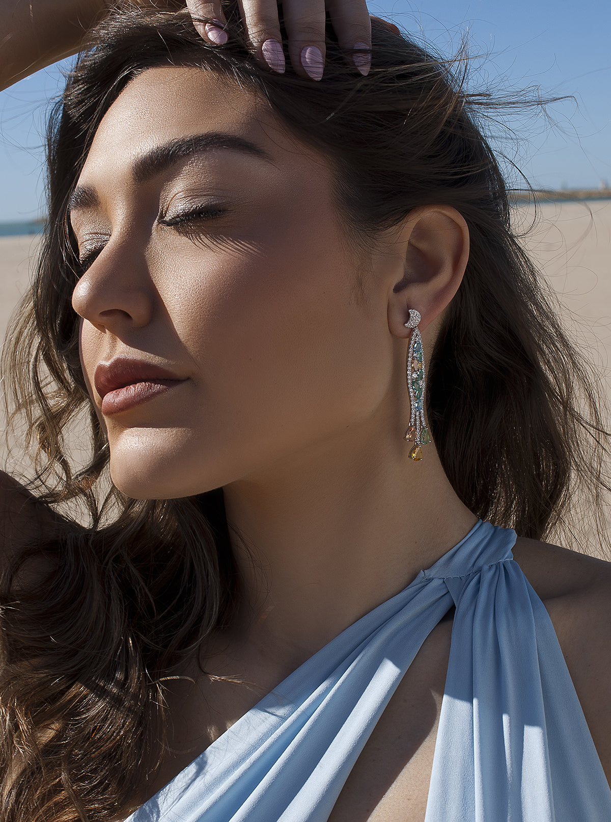 earrings with stones long design baroque in  cooltones