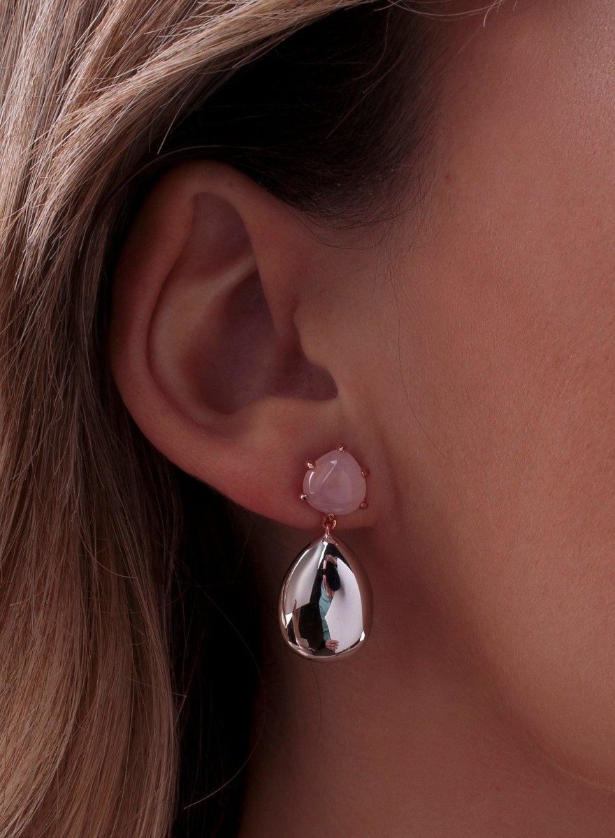 Pendientes de piedra natural diseño de plata lisa y cuarzo rosa-LINEARGENT
