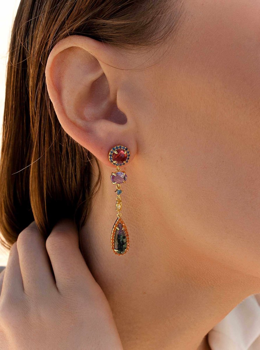 Pendientes de piedras de colores largos de diferentes tallas-LINEARGENT