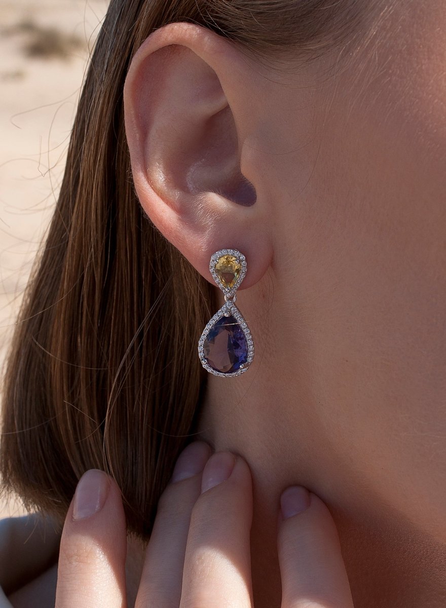 Pendientes de piedras de colores oscuros diseño lágrima con circonitas-LINEARGENT