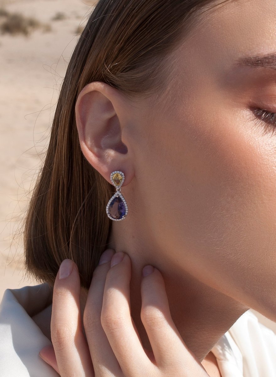 Pendientes de piedras de colores oscuros diseño lágrima con circonitas-LINEARGENT