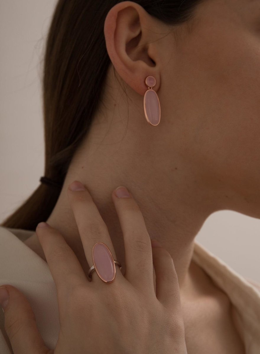 Pendientes de piedras de colores plata diseño largo ovalado en rosa-LINEARGENT