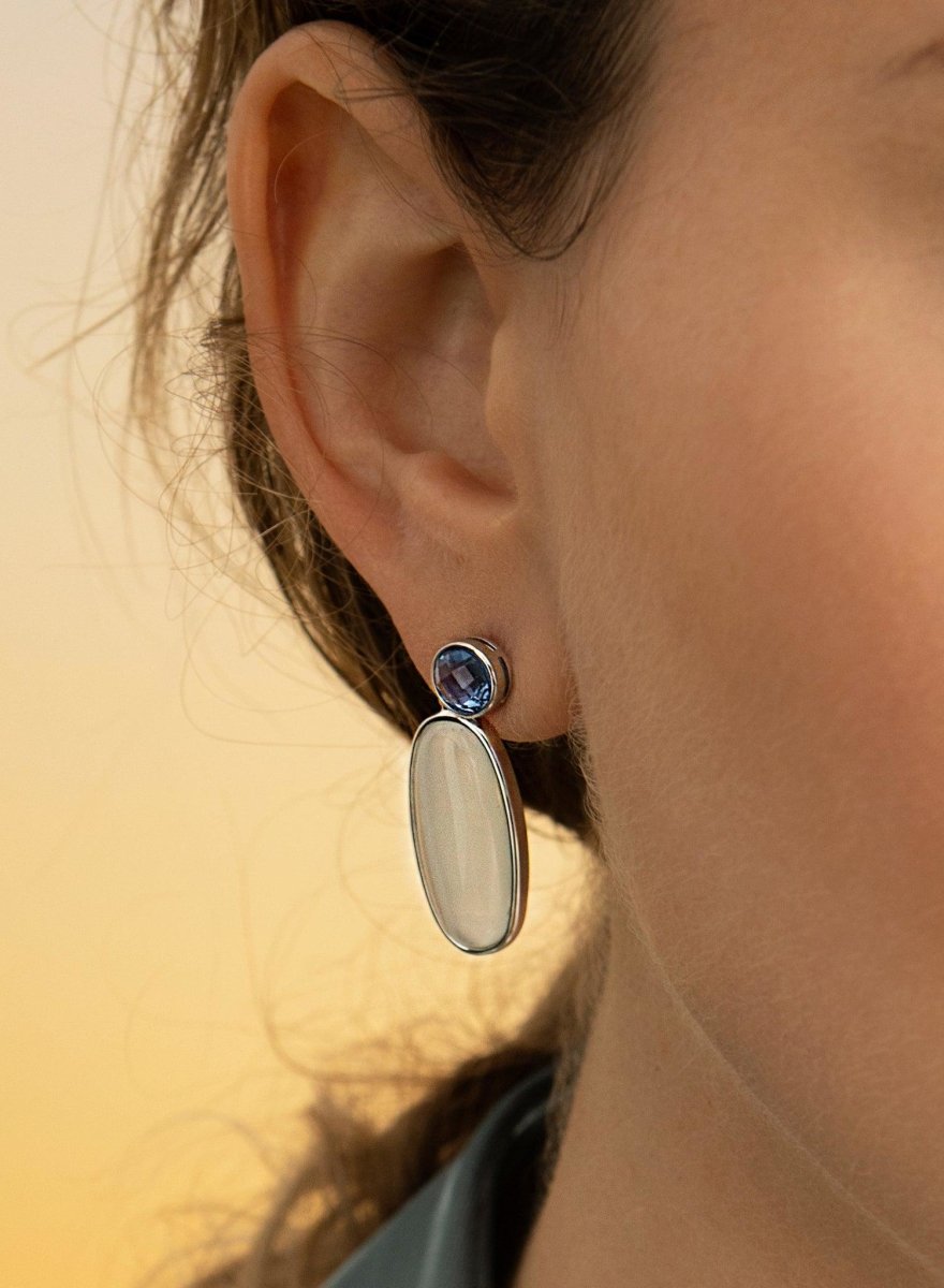 Pendientes de piedras de colores plata diseño largo ovalado en verde-LINEARGENT